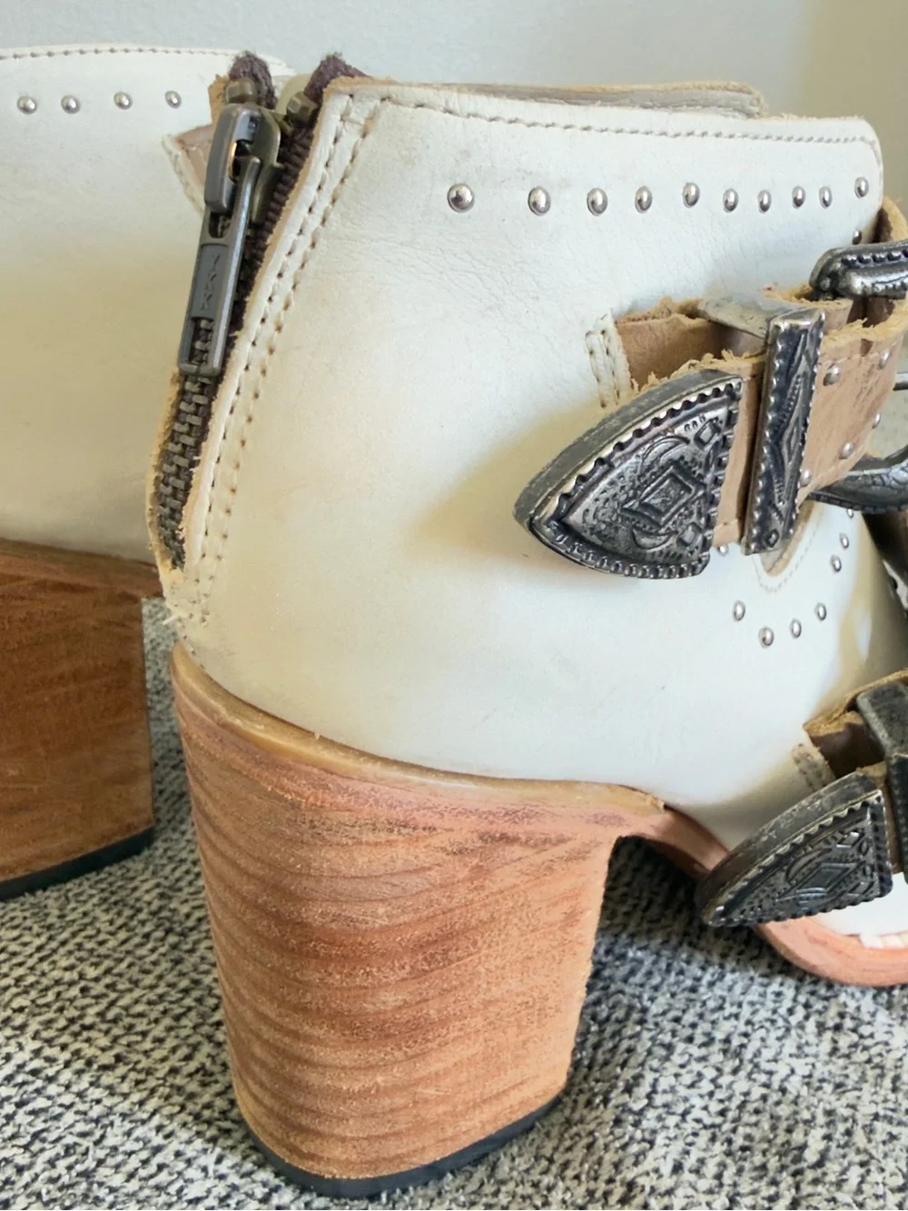 Freebird by Steven White and Tan Buckle Block Heel Sandals